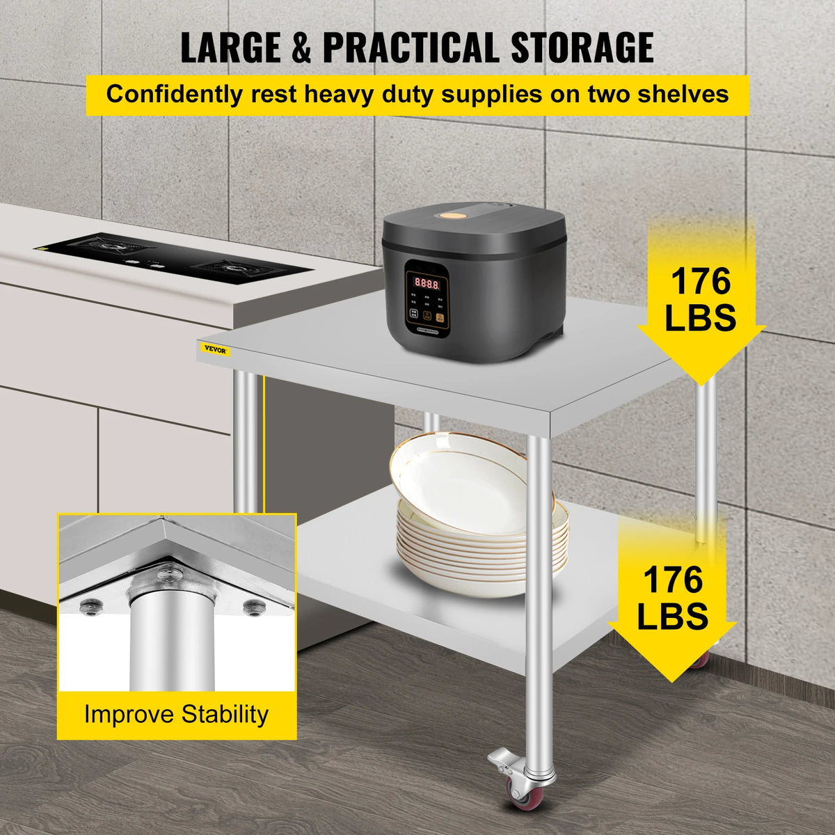 SucceBuy Stainless Steel Prep Table With Shelf Casters And Backsplash