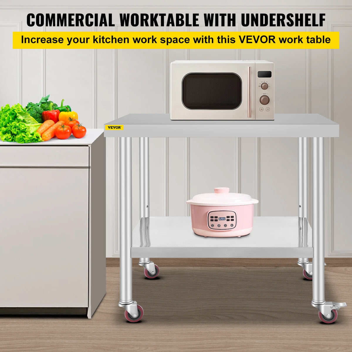 SucceBuy Stainless Steel Prep Table With Shelf Casters And Backsplash