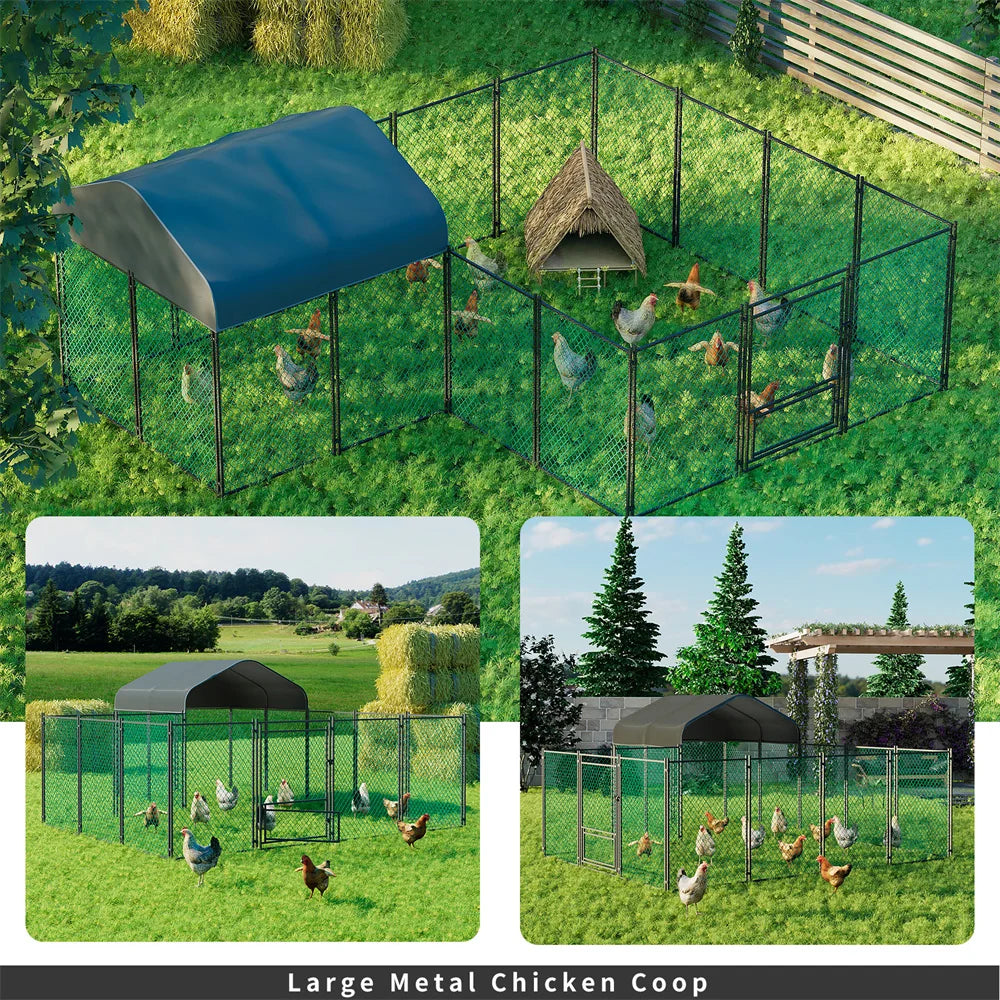 Heavy Duty Large Chicken Run Coop Cage Walk In Coop Poultry Hen Rabbit Metal Kennel Hutch Pen with Waterproof UV Cover Outdoor