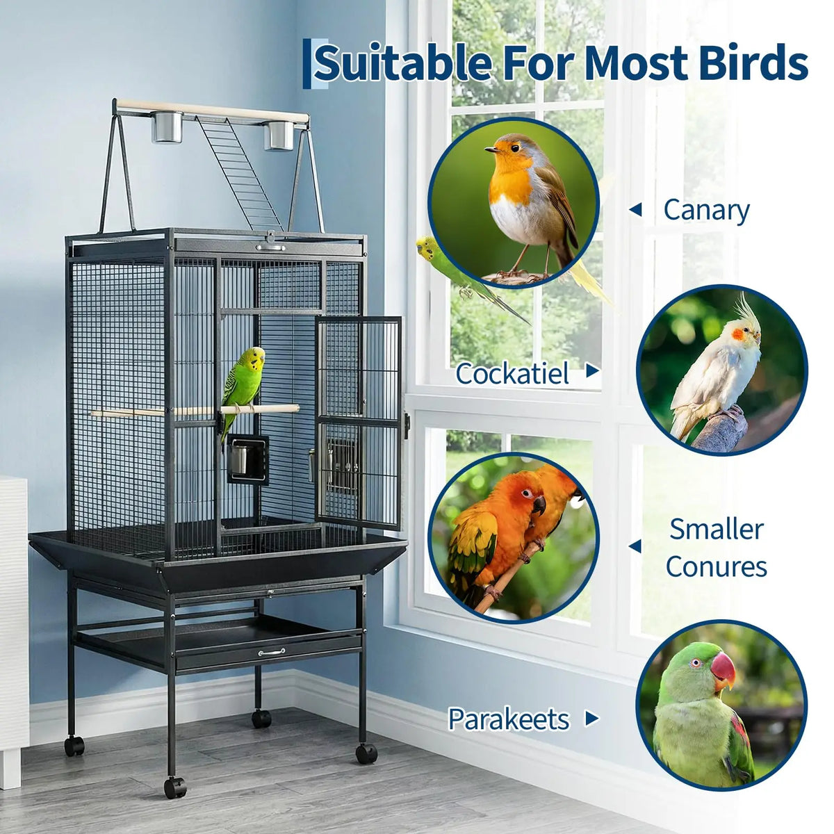 69" Extra Large Bird Cage with Rolling Stand & Play Top - Wide Metal Parrot Cage for Macaws, Cockatoos