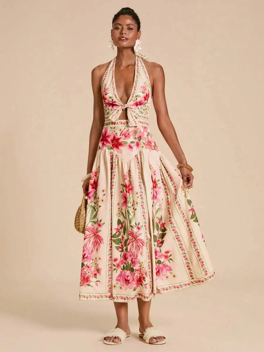 Womens Floral Print Halter Backless Summer Vacation Dress