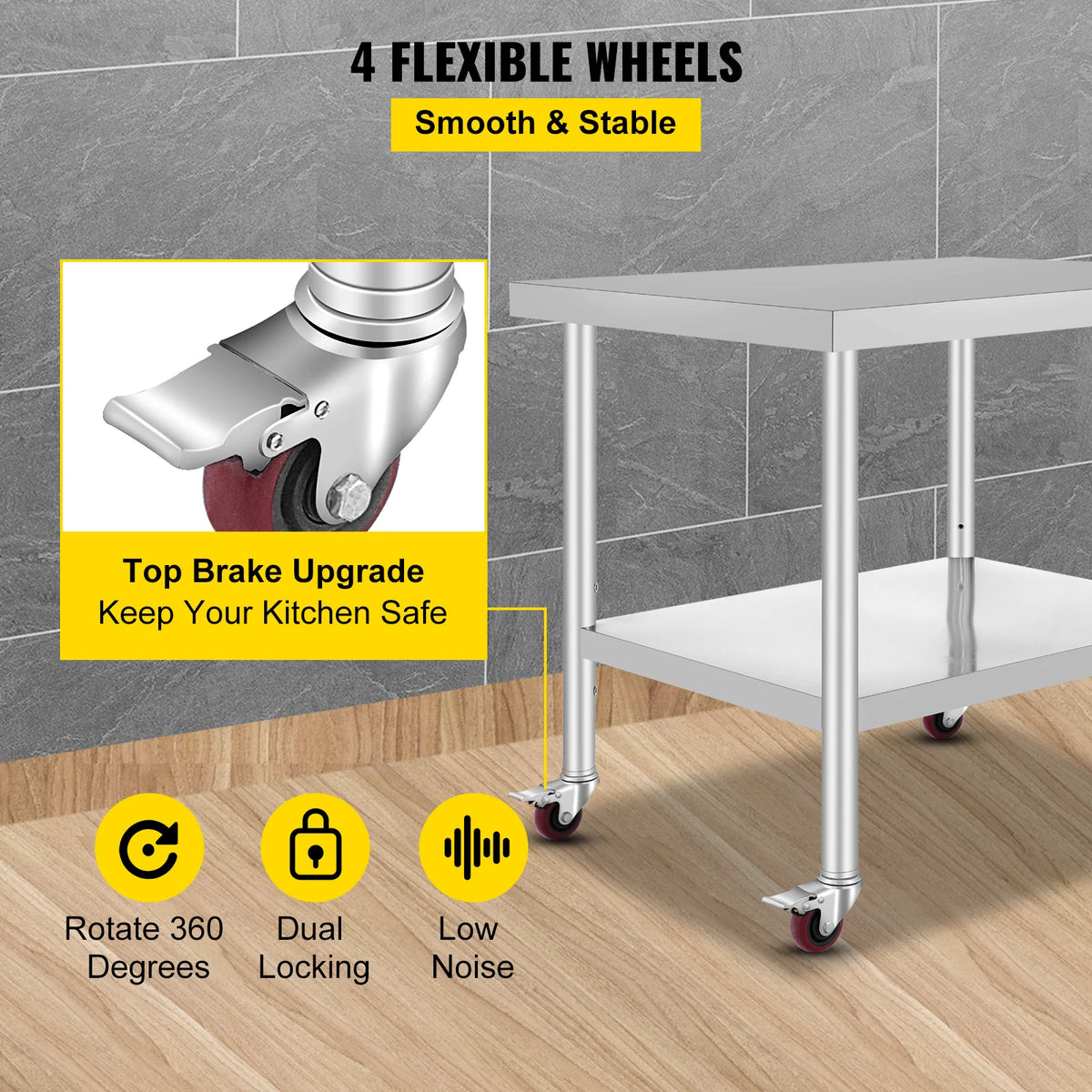 SucceBuy Stainless Steel Prep Table With Shelf Casters And Backsplash