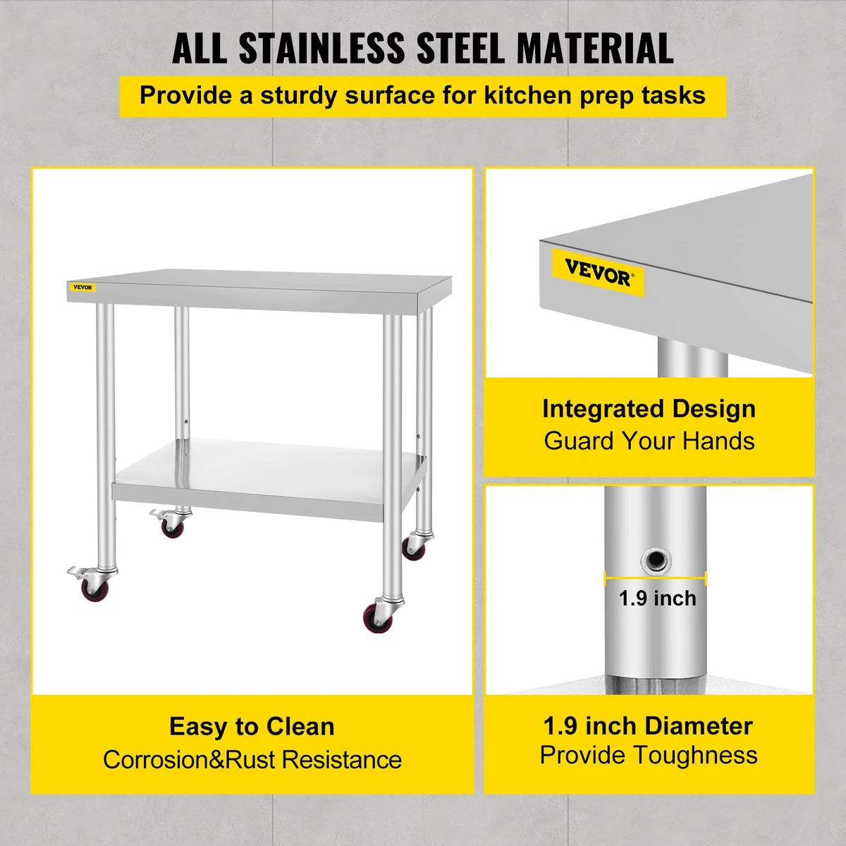 SucceBuy Stainless Steel Prep Table With Shelf Casters And Backsplash