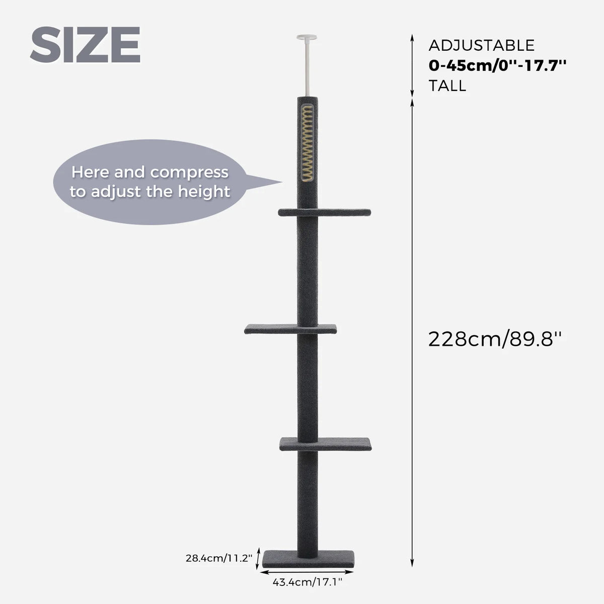 Floor to Ceiling Cat Tower for Indoor Adjustable Height Tall Cat Tree with Scratching Posts and Platforms Cat Scratcher Cat Toys