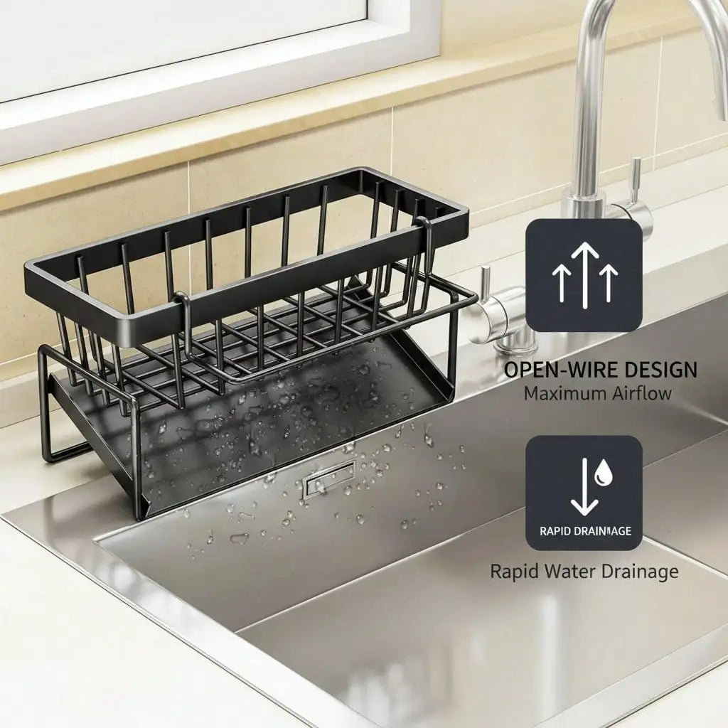 Stainless Steel Sink Caddy With Sloped Drainage And Towel Bar