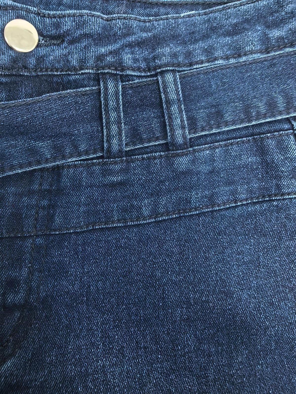 Ladies Deep Blue High Waist Bell Bottom Jeans Elastic Stretch Leg Lengthening Belted Waist