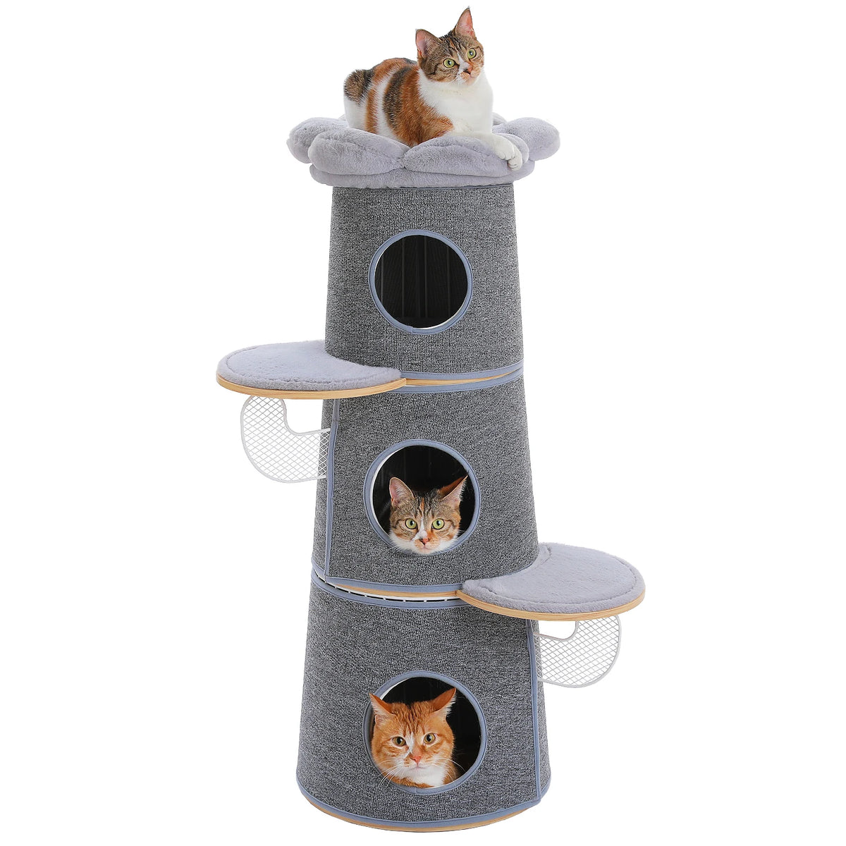 Modern Cat Tree with 3 Large Condos Aesthetic Cat Tower with Flower Perch Metal Frame Full-Wrap Scratching Pad Multi-Level Cat Bed House Wood Cat Furniture for Indoor Cats