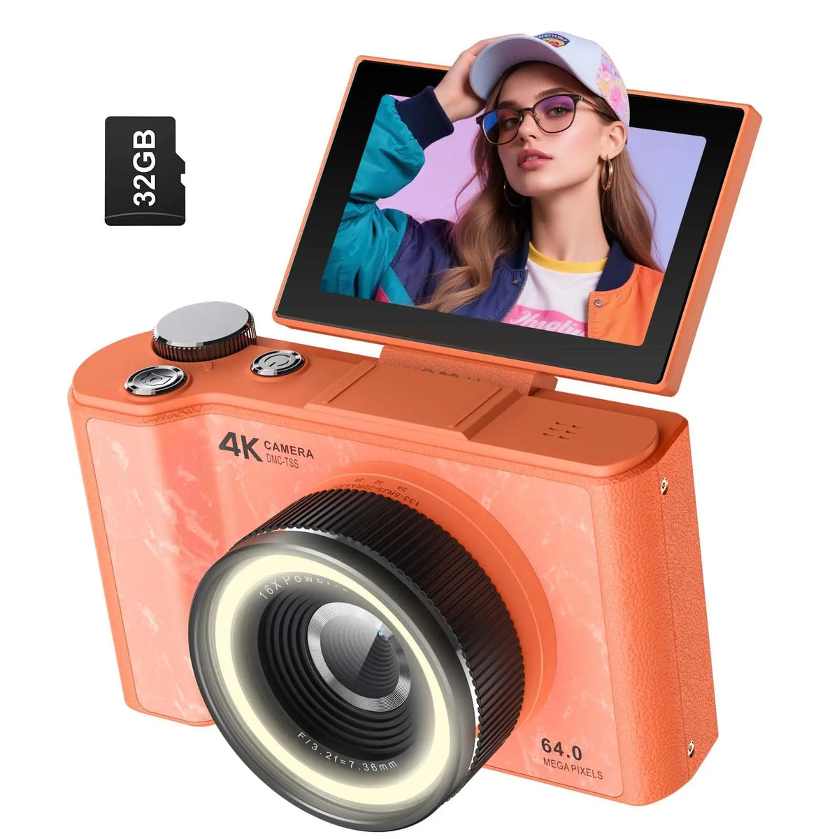 4K Digital Camera for Photography,4k Camera with Ring Light,180° Flip Screen Camera for Vlogging with Beauty Mode,Point and Shoot Digital Cameras for Beginner with SD Card,Christmas Gift