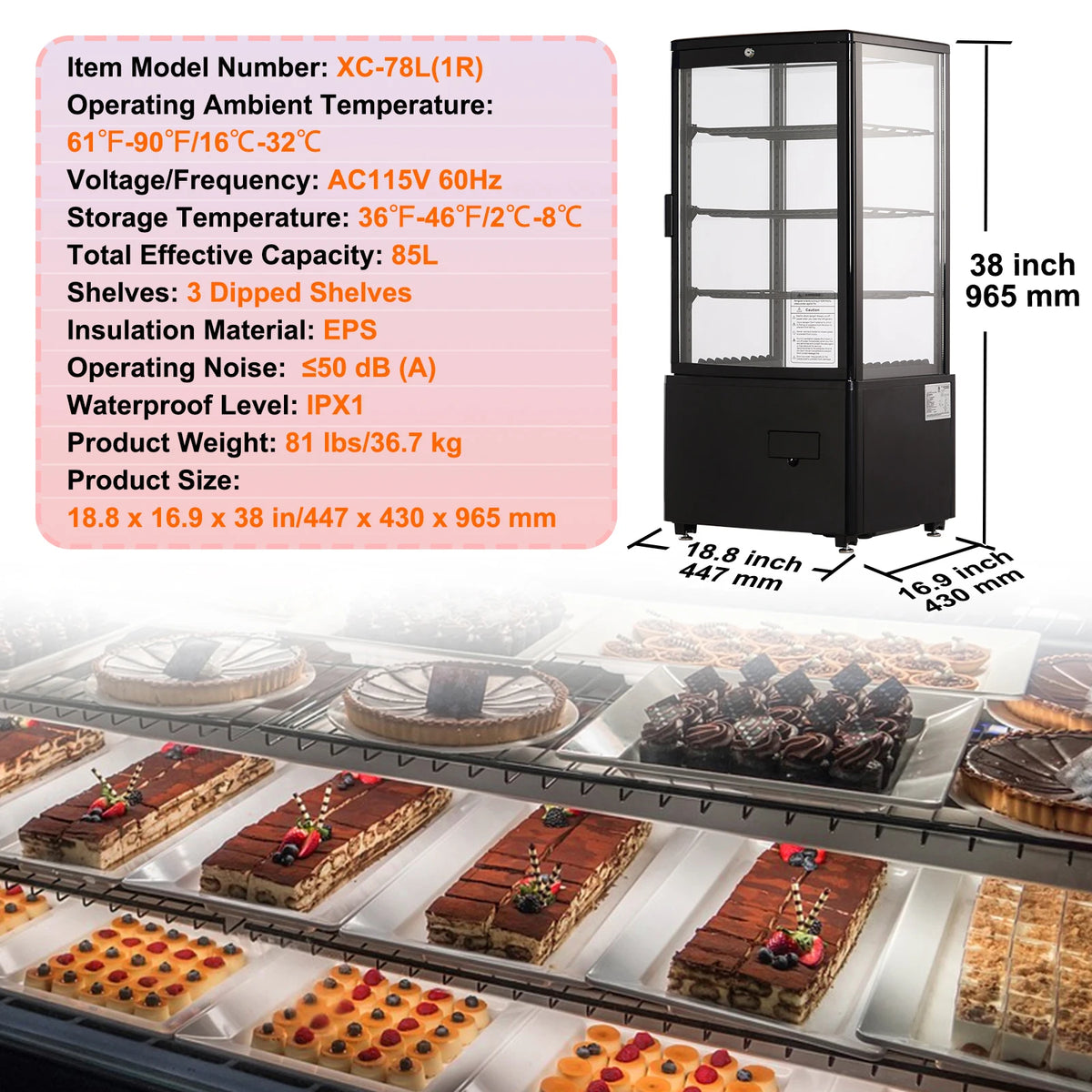 SucceBuy Refrigerated Pastry Display Case With LED Frost-Free Cooling