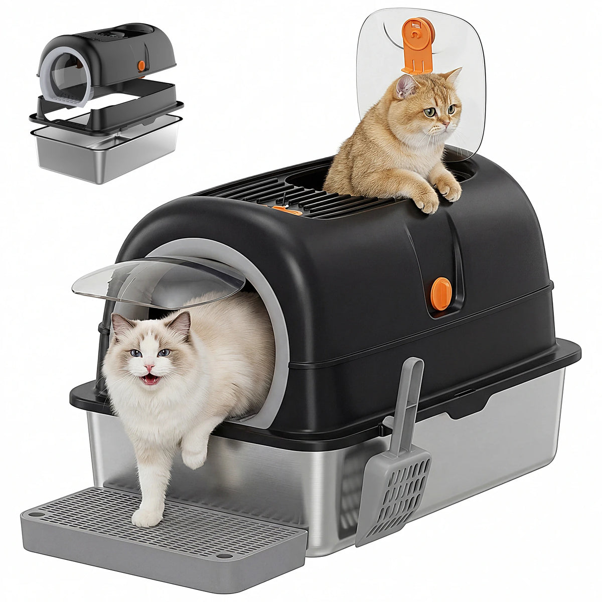 Stainless Steel Enclosed Cat Litter Box With Mat Included