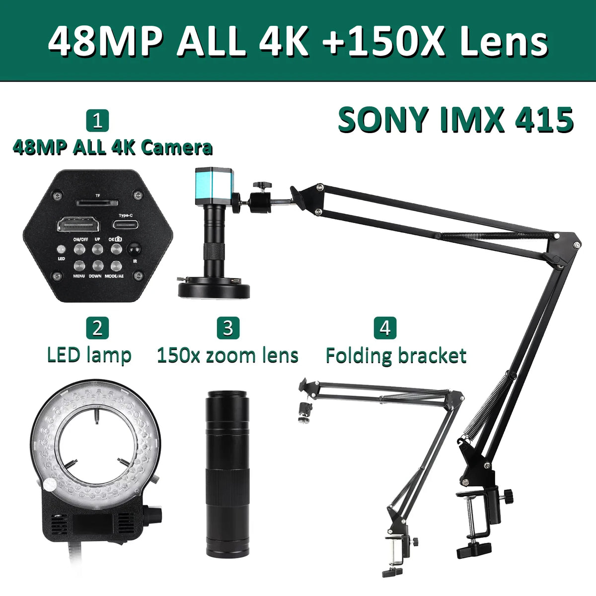4K Microscope For Electronics 48MP Digital Microscope Camera Optional 1-150x Lens LED Light Foldable Bracket Phone Pcb Soldering