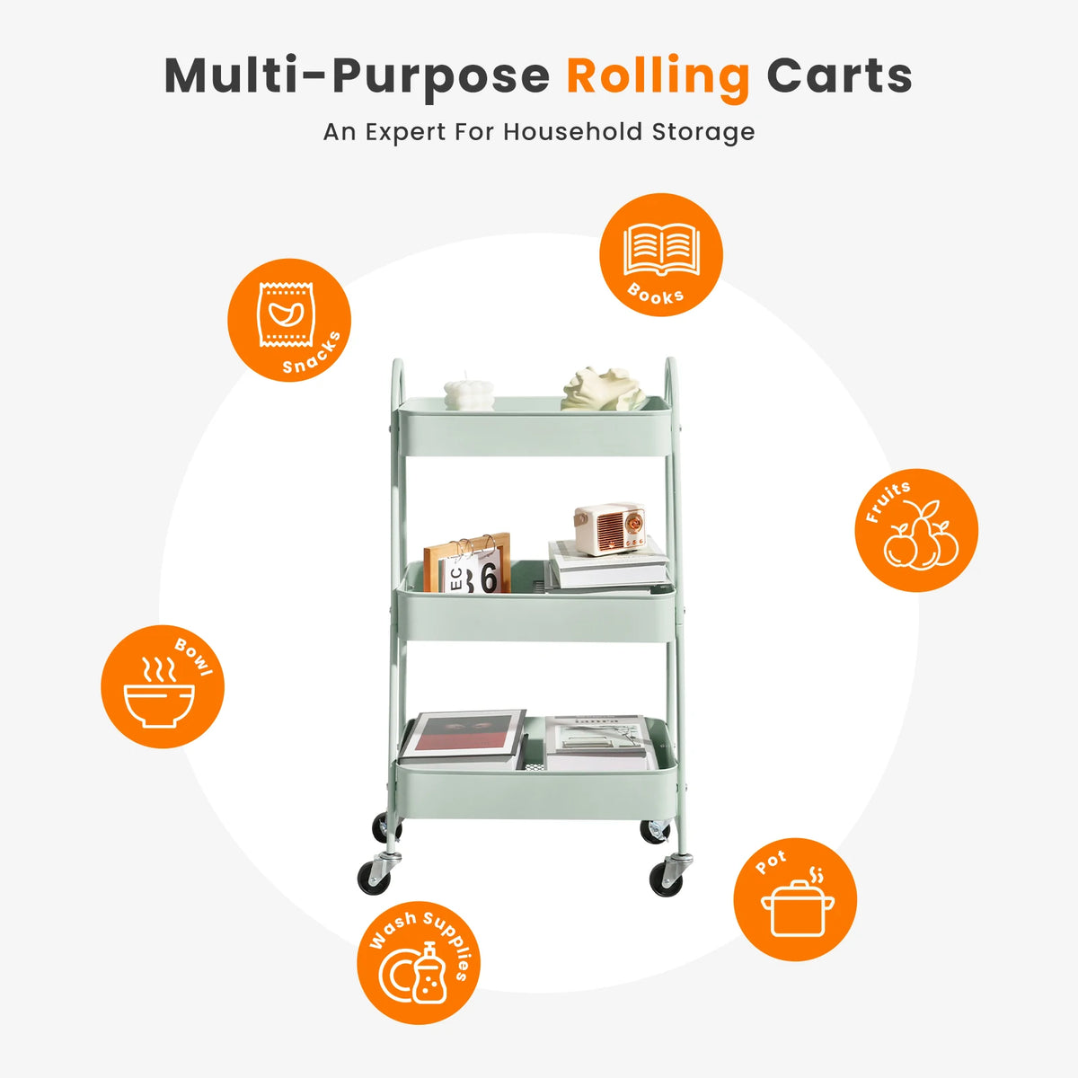 JHK Metal Rolling Storage Cart With Lockable Wheels