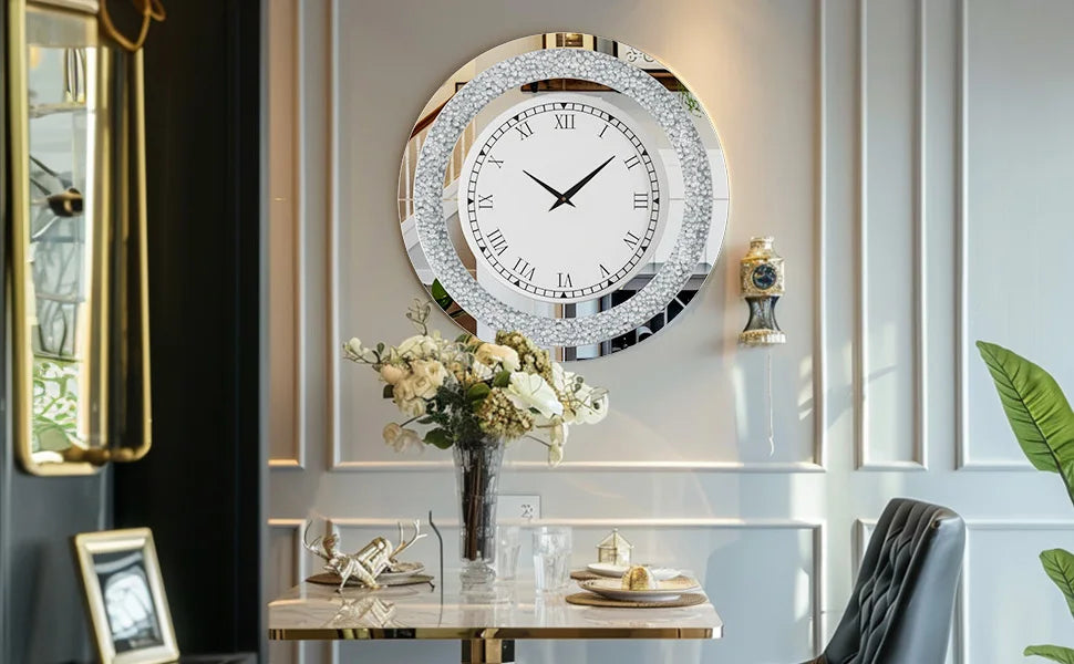 Crystal Sparkle Mirrored Wall Clock With Twinkle Diamond Accents