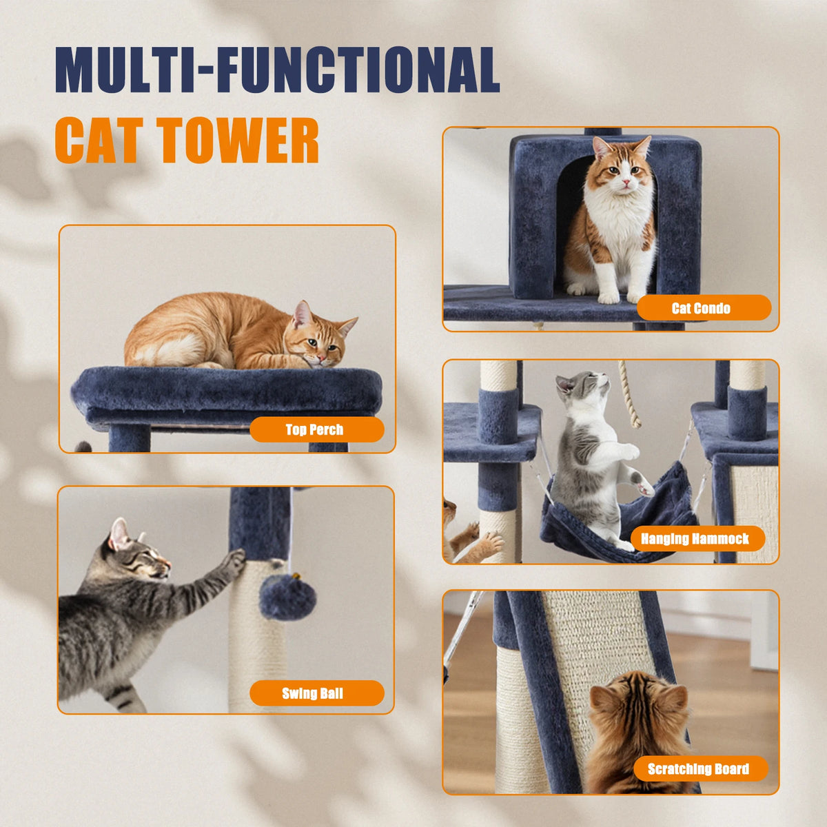 JHK Cat Tree Tall MultiCat Climbing Tower With Sisal Posts
