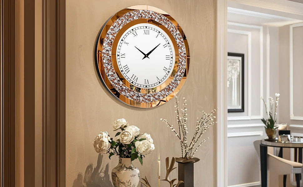 Crystal Sparkle Mirrored Wall Clock With Twinkle Diamond Accents