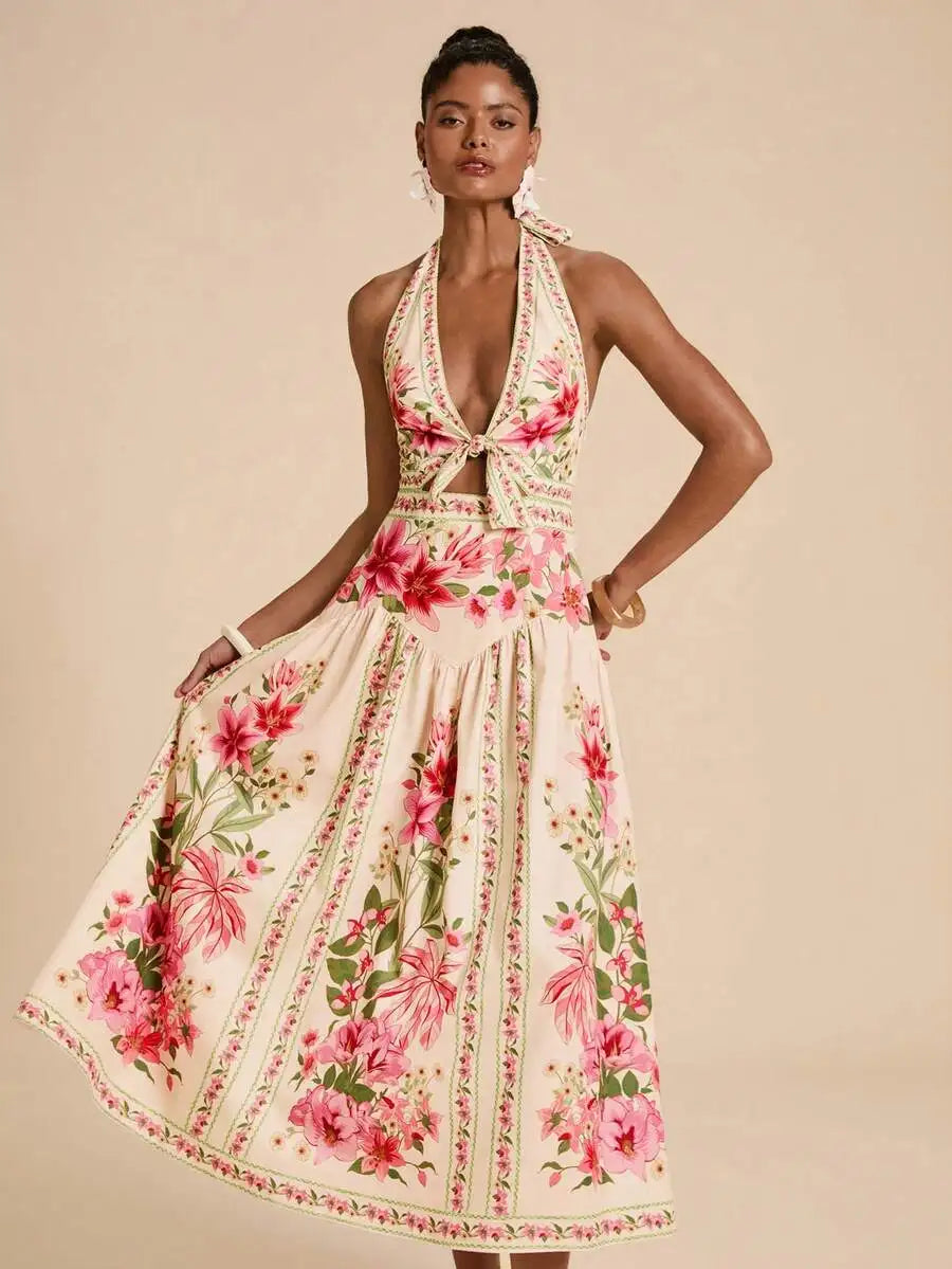 Womens Floral Print Halter Backless Summer Vacation Dress