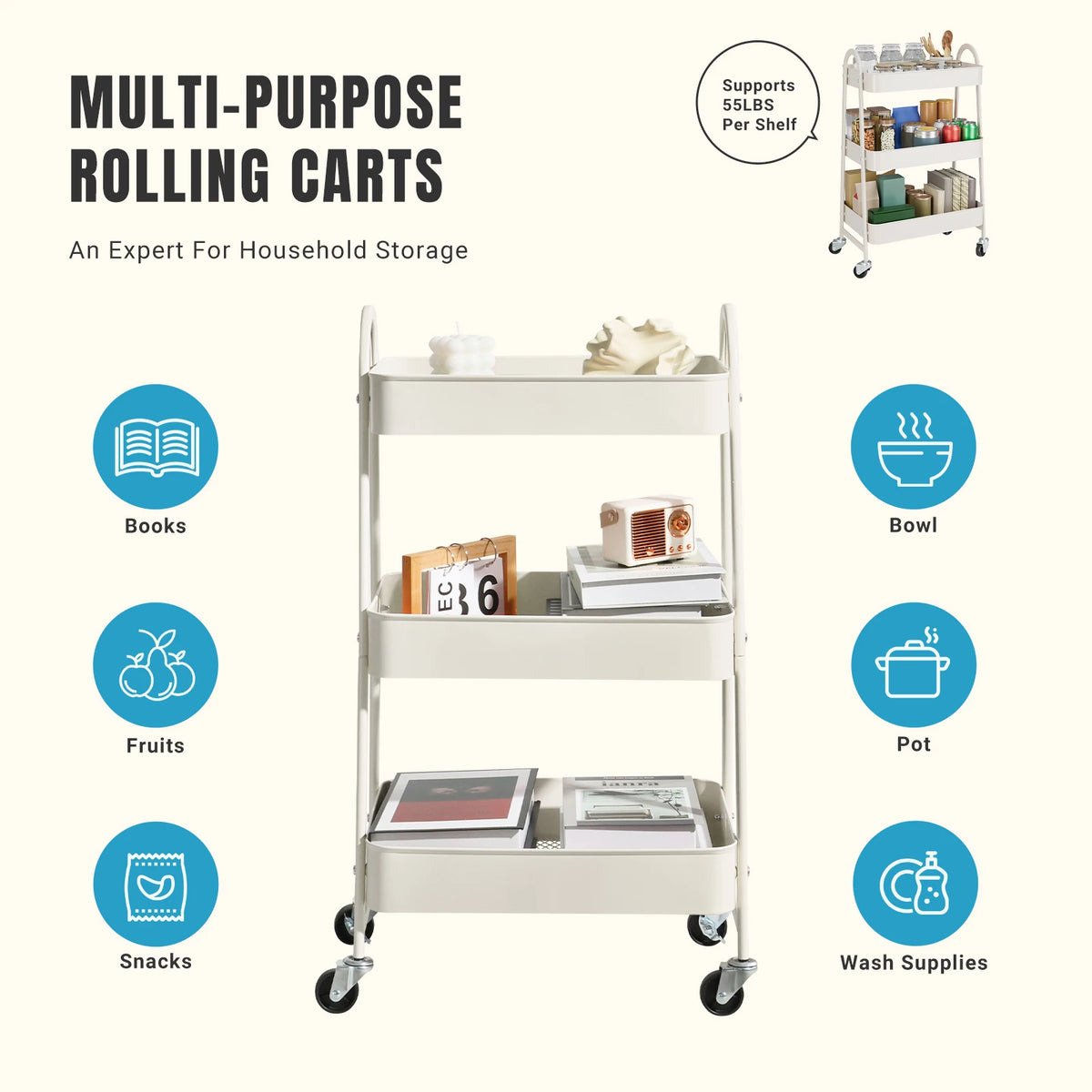 JHK Metal Rolling Storage Cart With Lockable Wheels