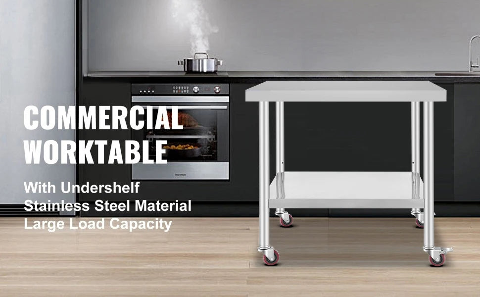 SucceBuy Stainless Steel Prep Table With Shelf Casters And Backsplash