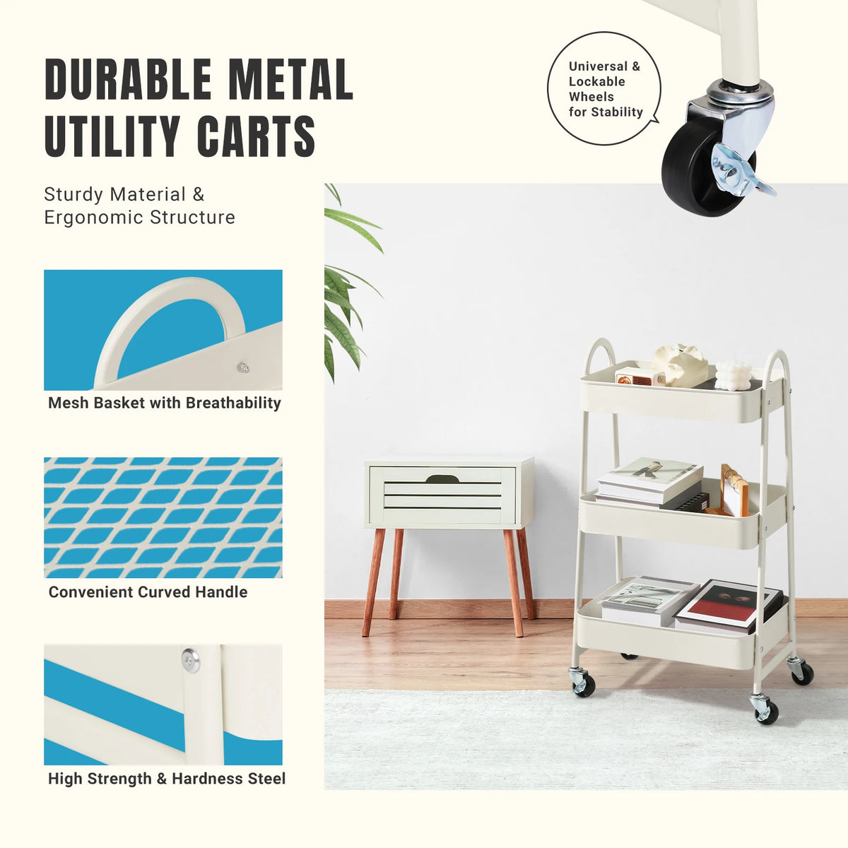JHK Metal Rolling Storage Cart With Lockable Wheels