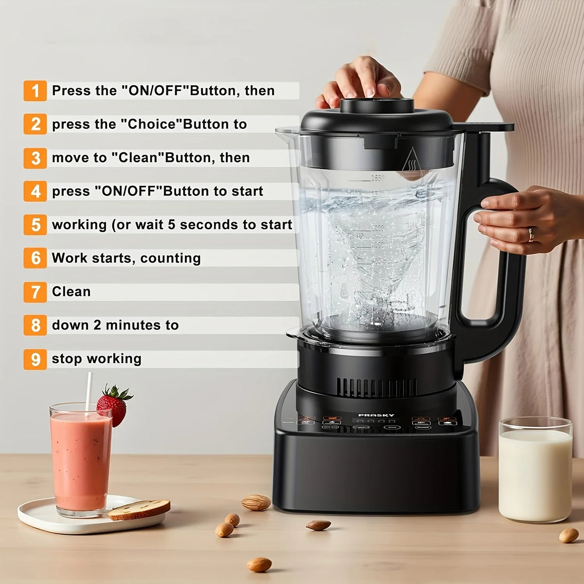 Prasky 2400W Professional Heating Blender With High Speed Auto Clean Function