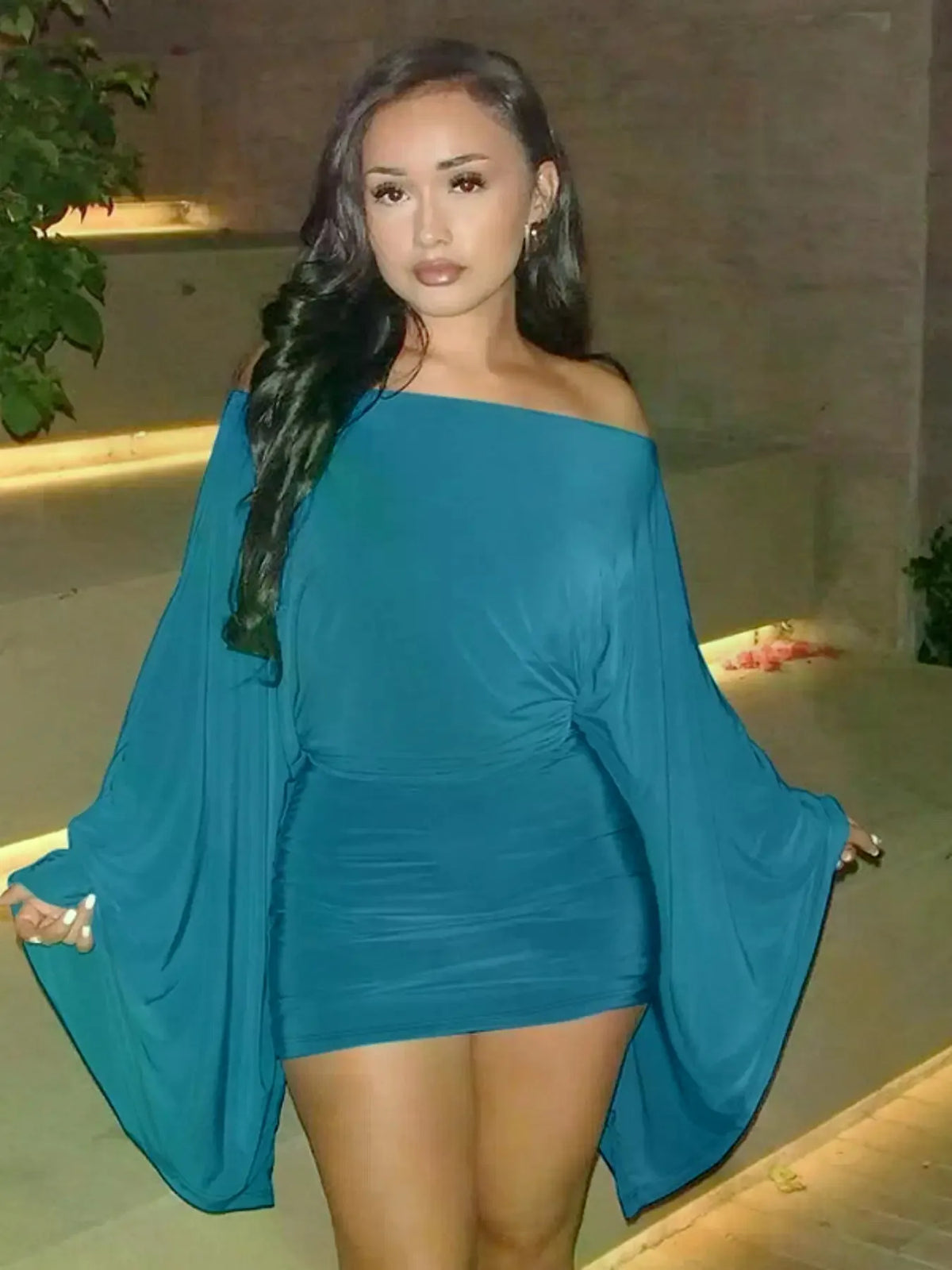 Women's Elegant Long Sleeve Slash Neck Evening Party Dress