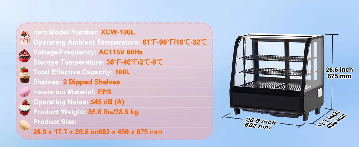 SucceBuy Refrigerated Pastry Display Case With LED Frost-Free Cooling