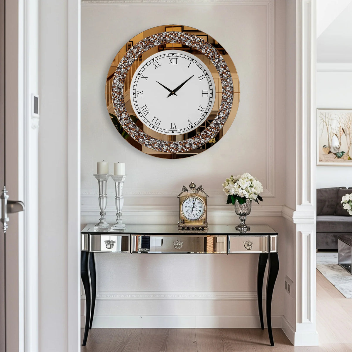 Crystal Sparkle Mirrored Wall Clock With Twinkle Diamond Accents