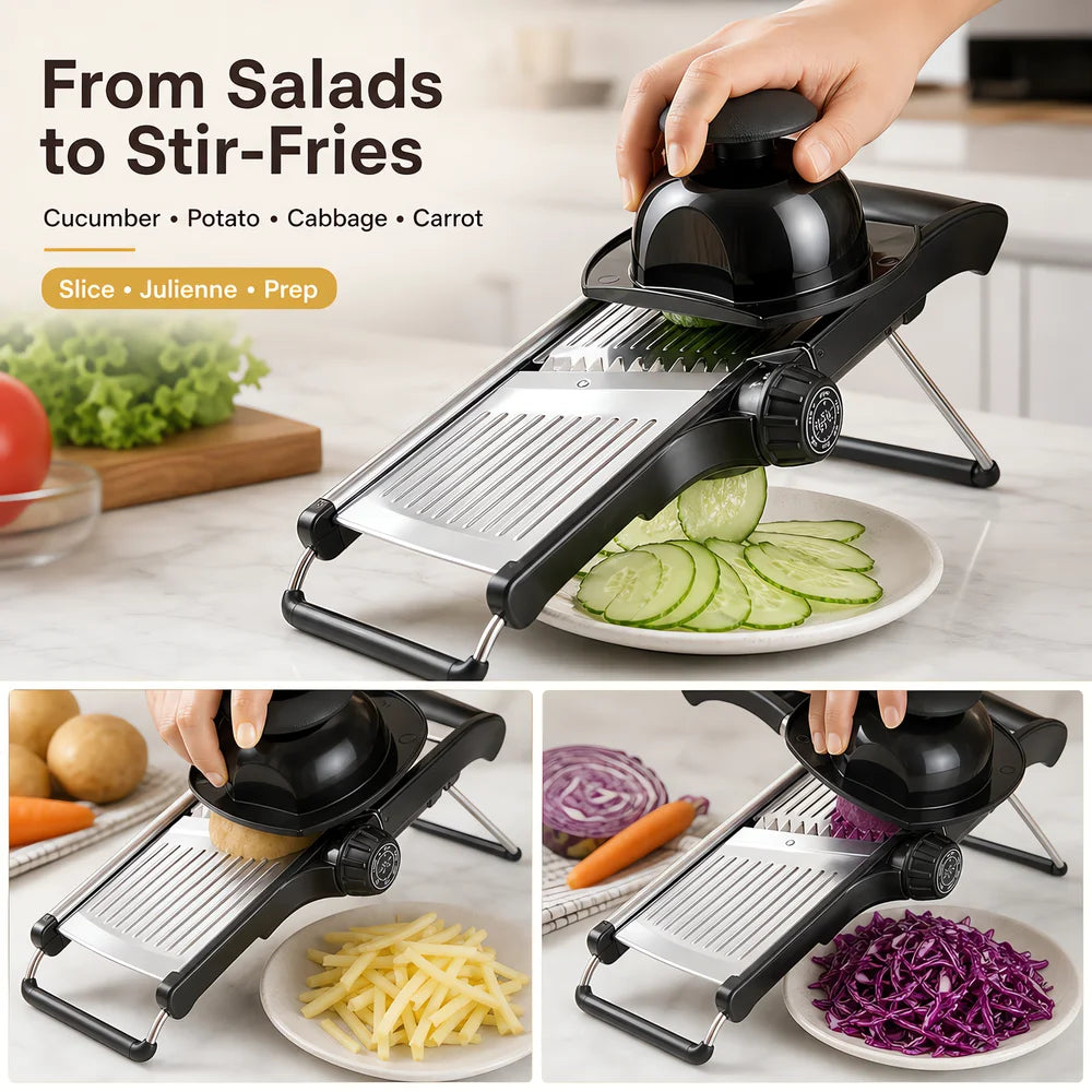 Adjustable Mandoline Vegetable Slicer With Food Holder And Julienne Cutter