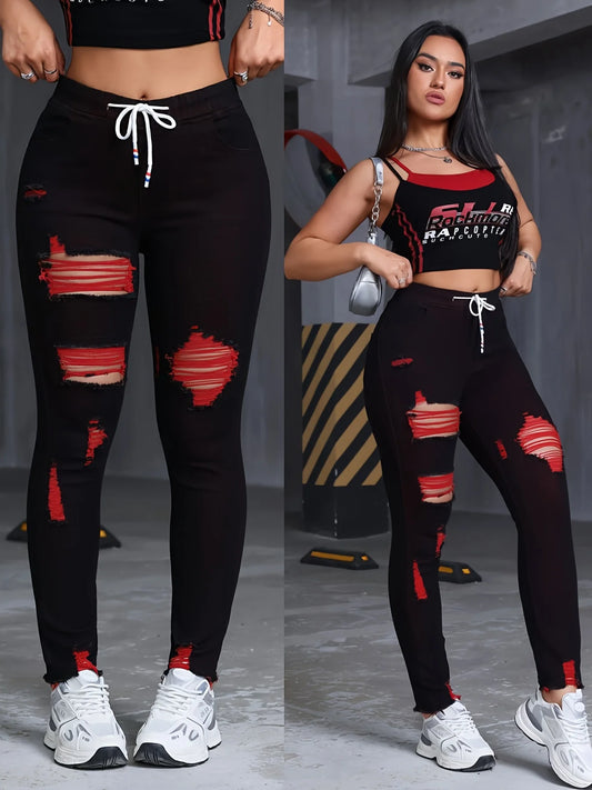 Women's Stretch Jeans Elastic Waist Drawstring Elegant Distressed Red Skinny Personalized Designer Style Suitable for All Seaso