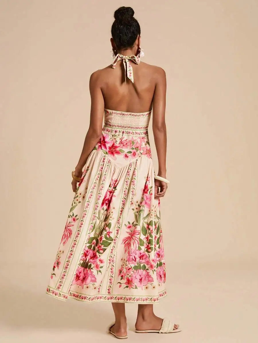Womens Floral Print Halter Backless Summer Vacation Dress