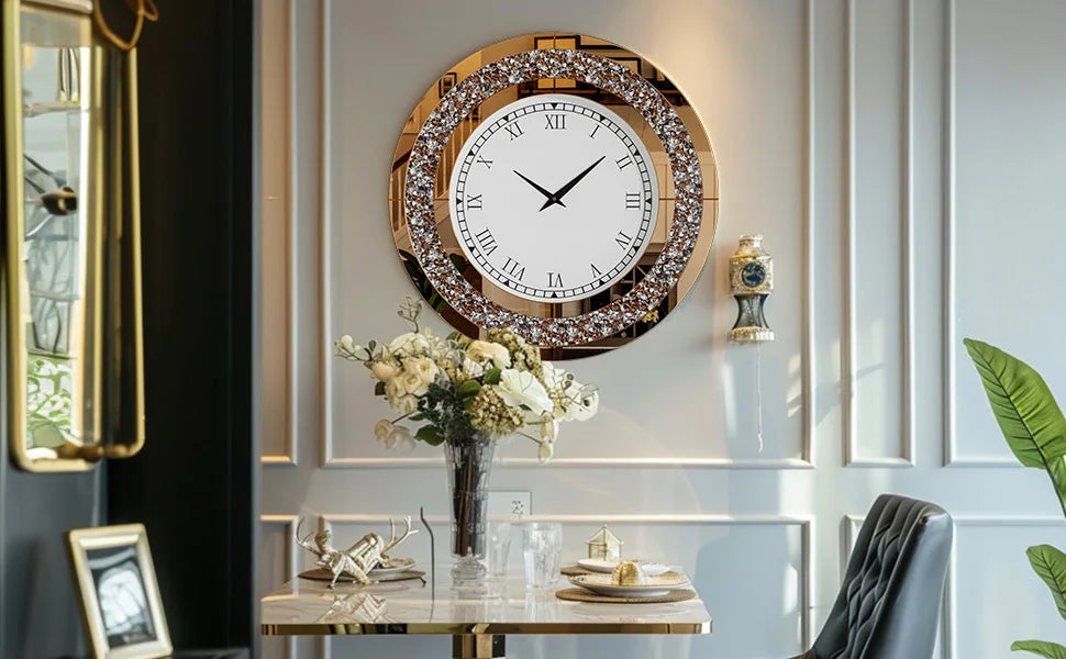 Crystal Sparkle Mirrored Wall Clock With Twinkle Diamond Accents