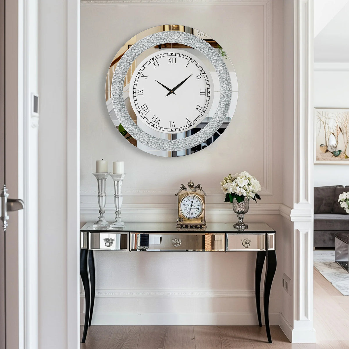 Crystal Sparkle Mirrored Wall Clock With Twinkle Diamond Accents