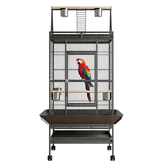 69" Extra Large Bird Cage with Rolling Stand & Play Top - Wide Metal Parrot Cage for Macaws, Cockatoos