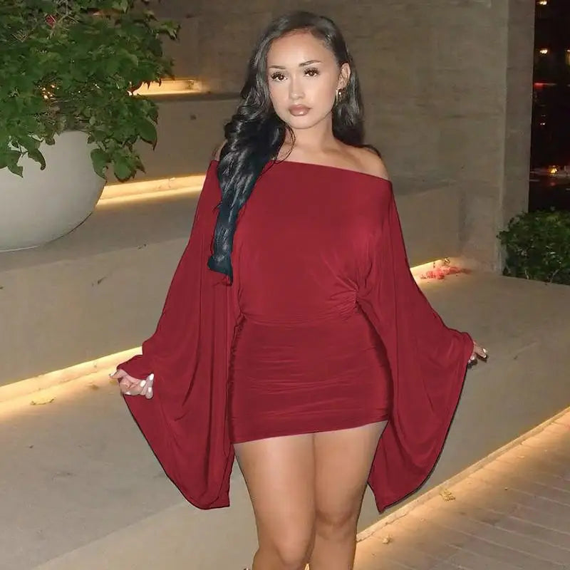 Women's Elegant Long Sleeve Slash Neck Evening Party Dress