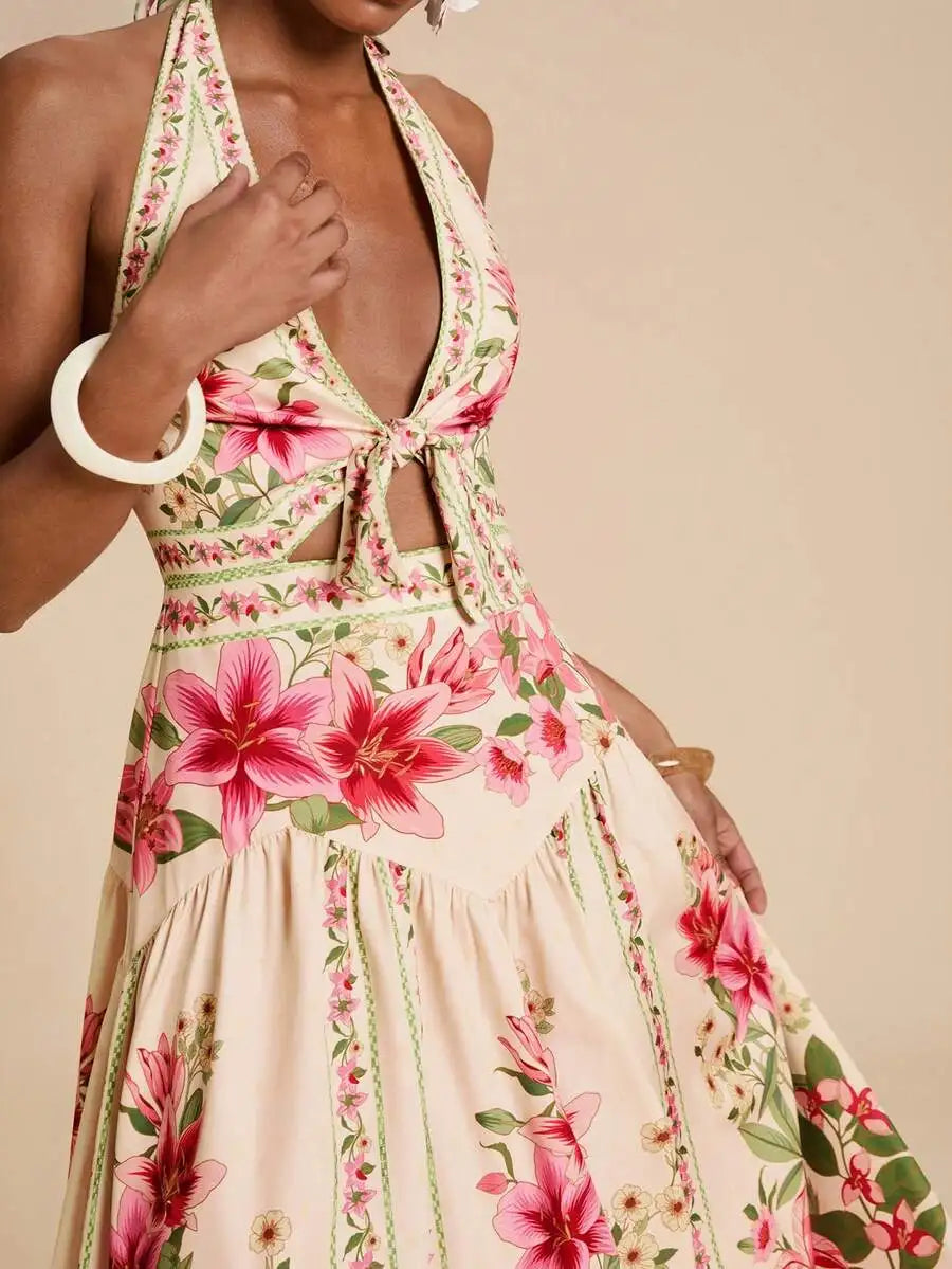 Womens Floral Print Halter Backless Summer Vacation Dress