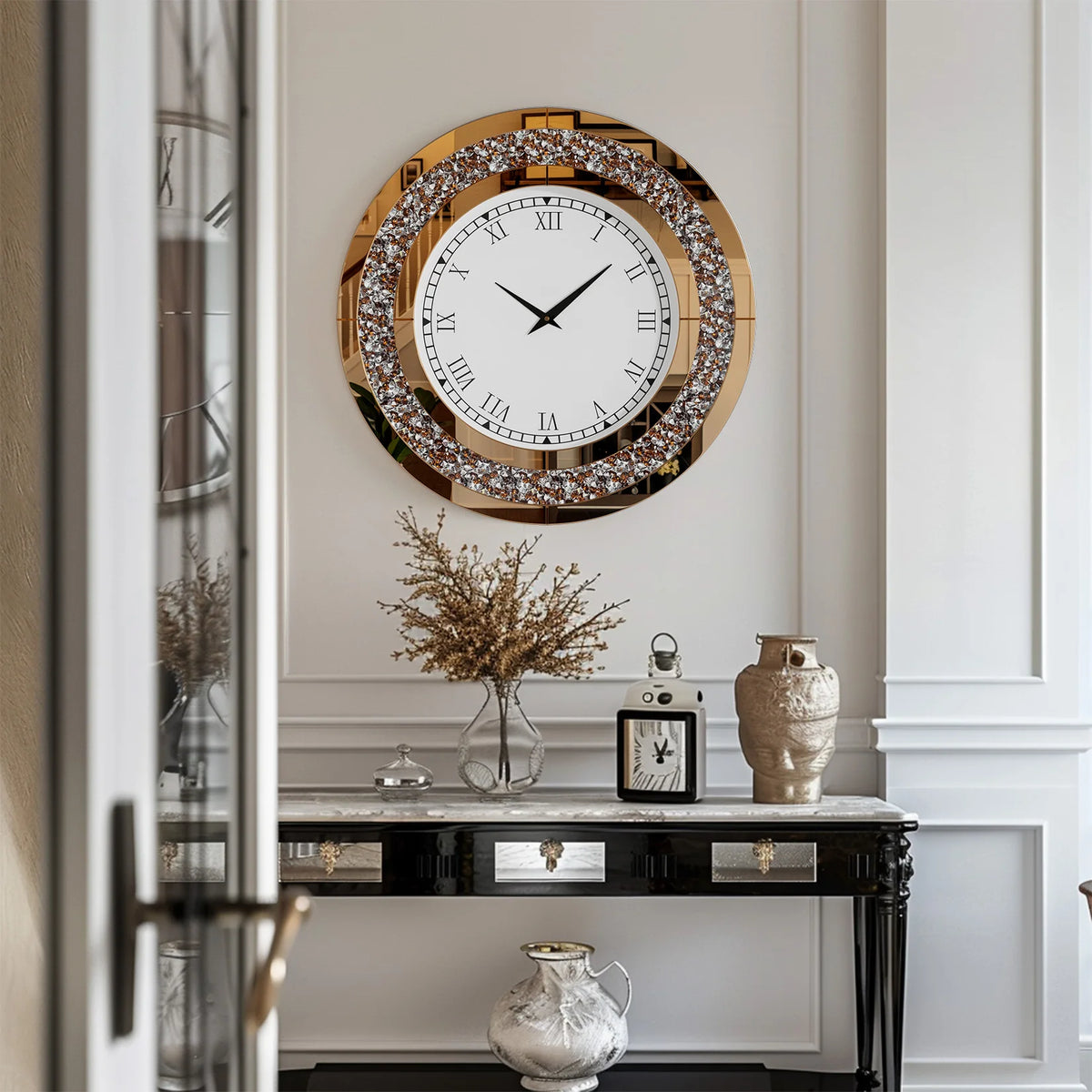 Crystal Sparkle Mirrored Wall Clock With Twinkle Diamond Accents