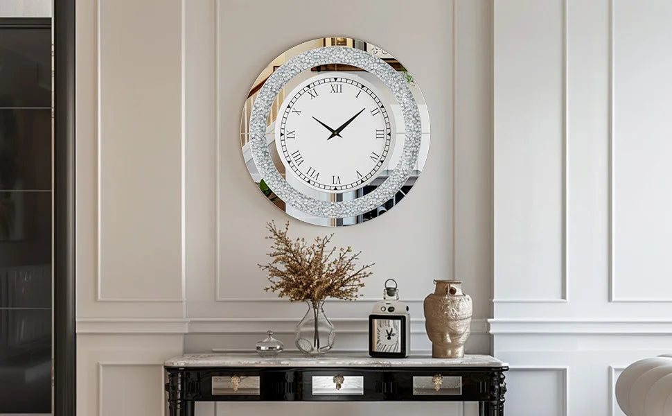 Crystal Sparkle Mirrored Wall Clock With Twinkle Diamond Accents