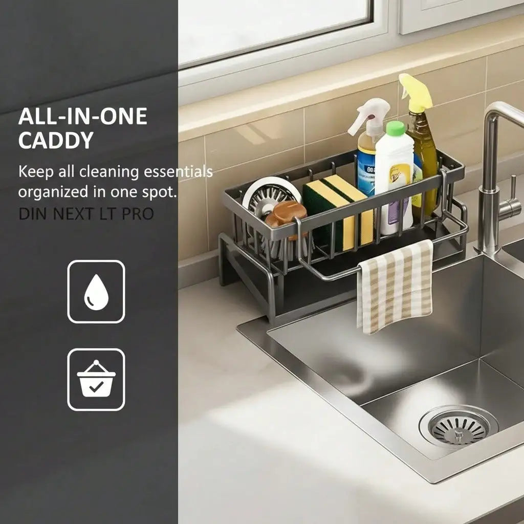 Stainless Steel Sink Caddy With Sloped Drainage And Towel Bar