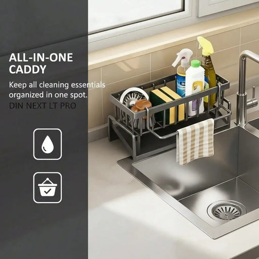 Stainless Steel Sink Caddy With Sloped Drainage And Towel Bar