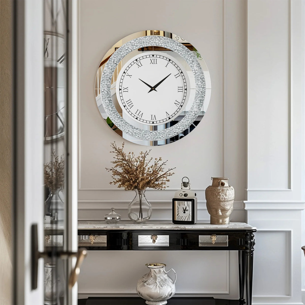 Crystal Sparkle Mirrored Wall Clock With Twinkle Diamond Accents