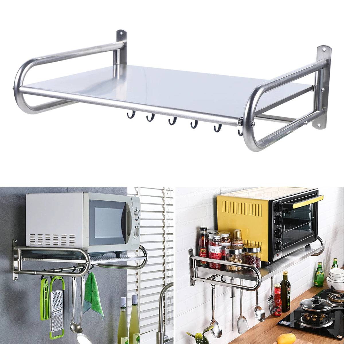 Stainless Steel Wall Mounted Microwave Oven Rack Kitchen Shelf