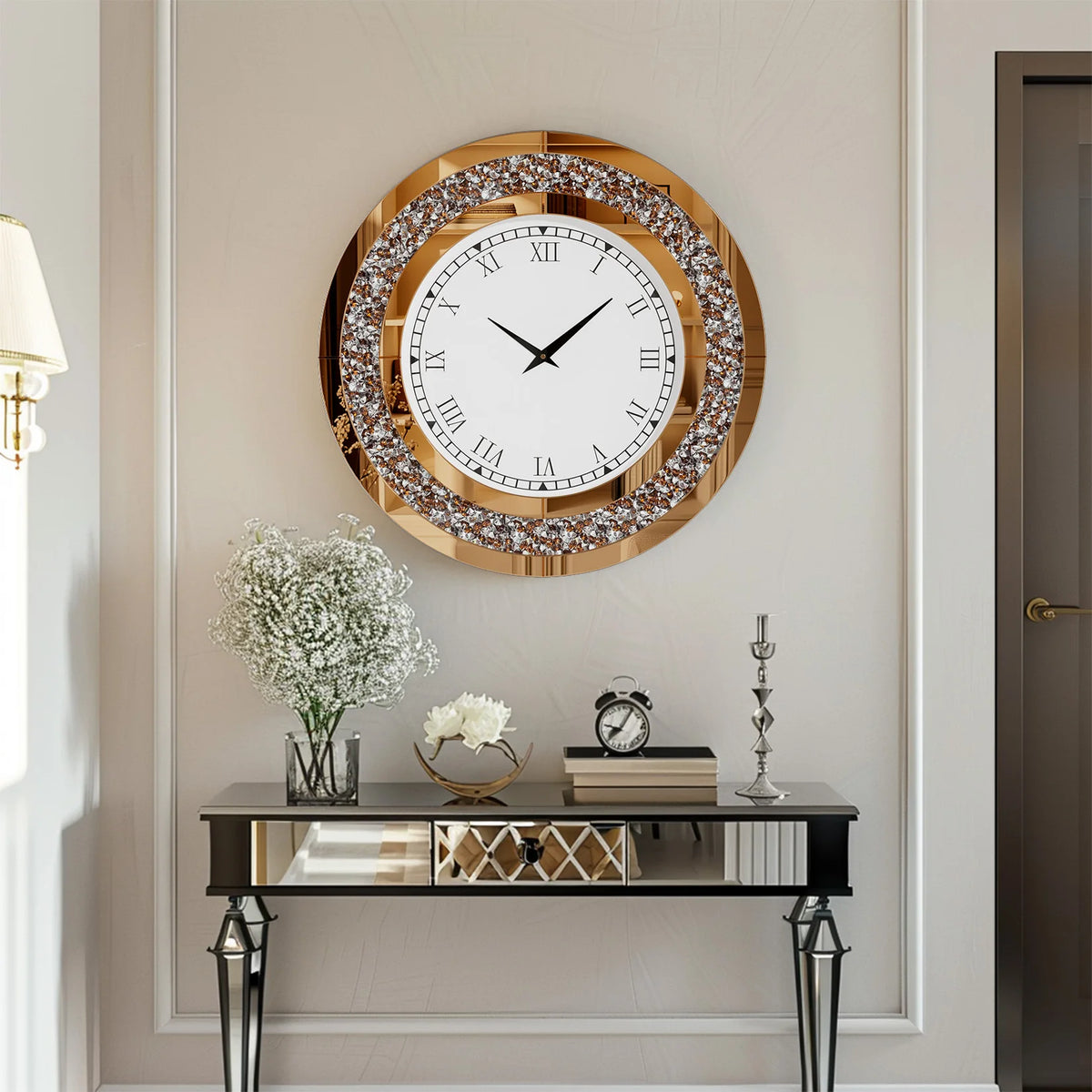 Crystal Sparkle Mirrored Wall Clock With Twinkle Diamond Accents
