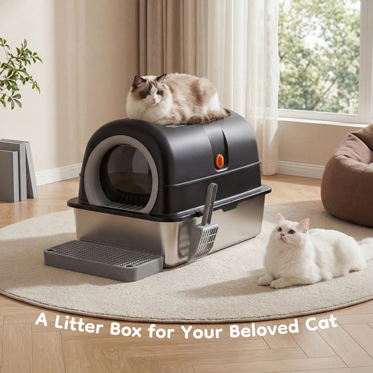 Stainless Steel Enclosed Cat Litter Box With Mat Included