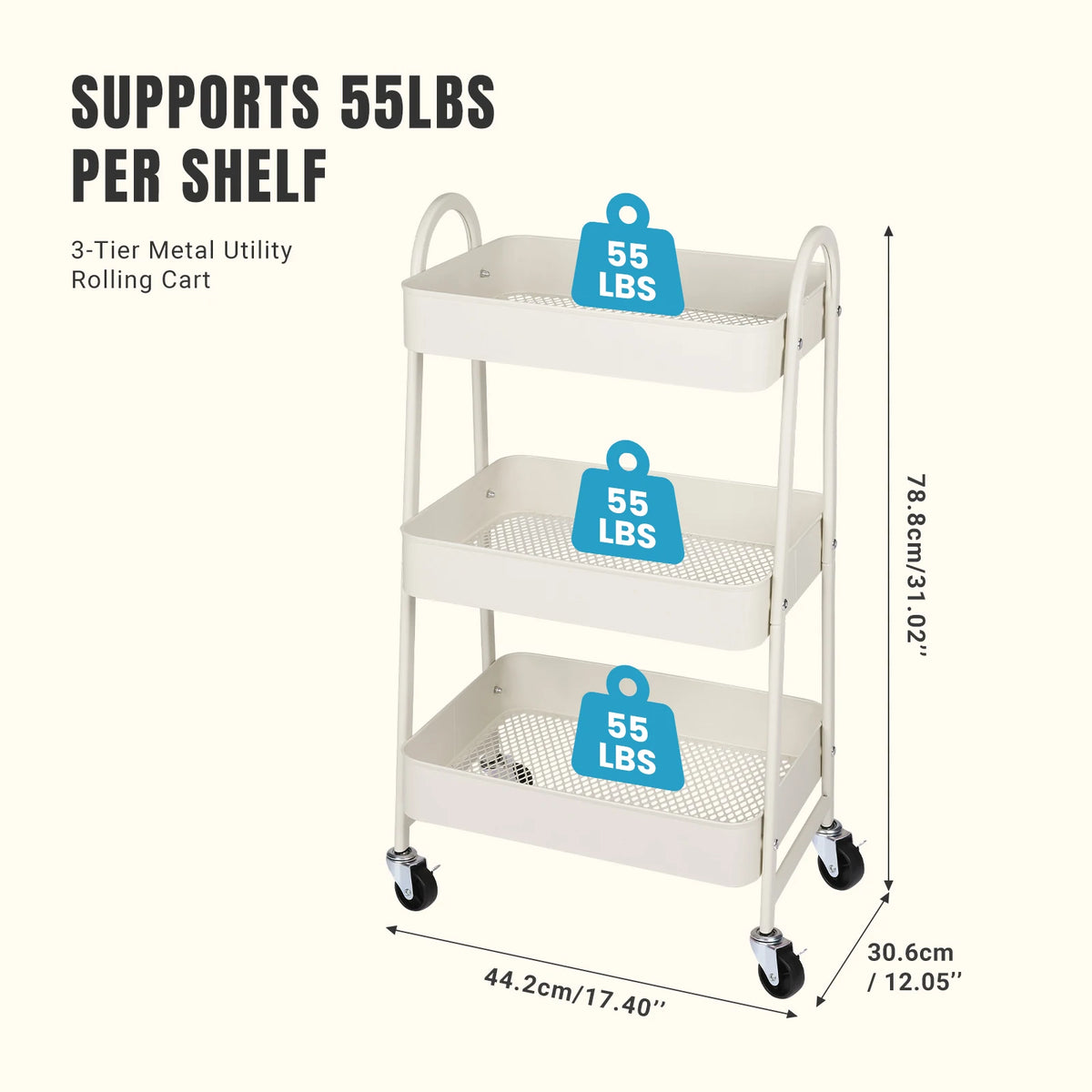 JHK Metal Rolling Storage Cart With Lockable Wheels