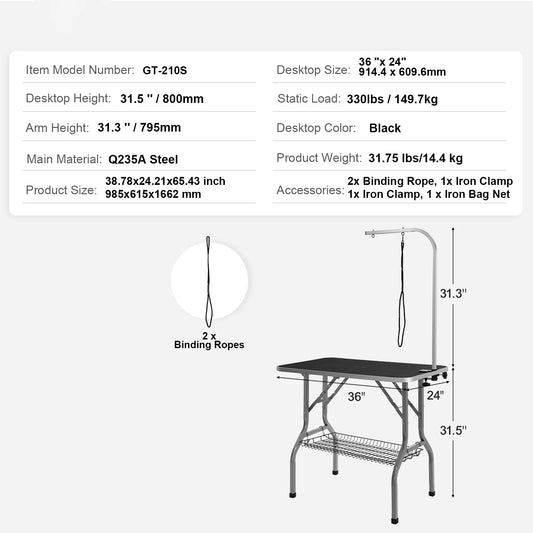 Pet Grooming Table With Two Arms And Clamp Foldable For Medium Dogs
