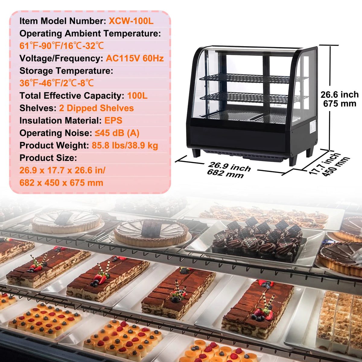SucceBuy Refrigerated Pastry Display Case With LED Frost-Free Cooling