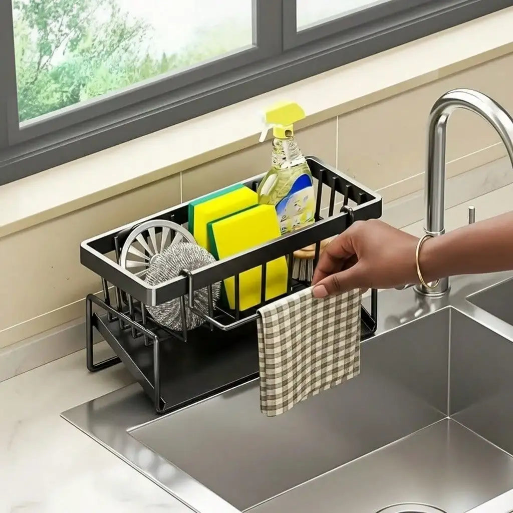Stainless Steel Sink Caddy With Sloped Drainage And Towel Bar