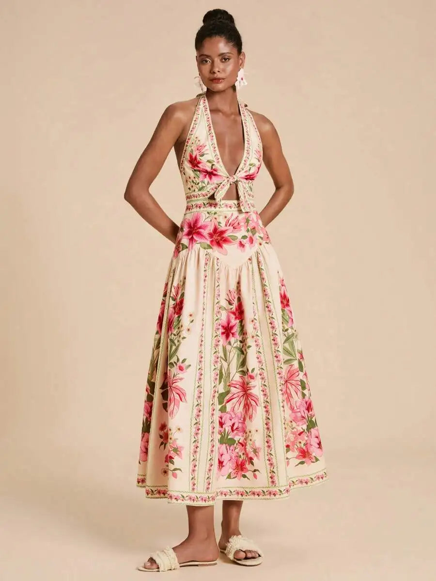 Womens Floral Print Halter Backless Summer Vacation Dress