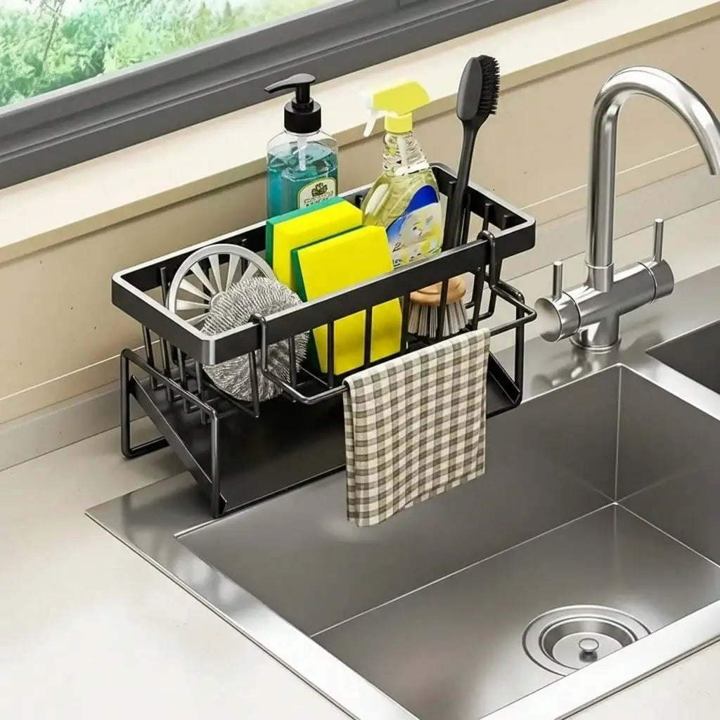 Stainless Steel Sink Caddy With Sloped Drainage And Towel Bar