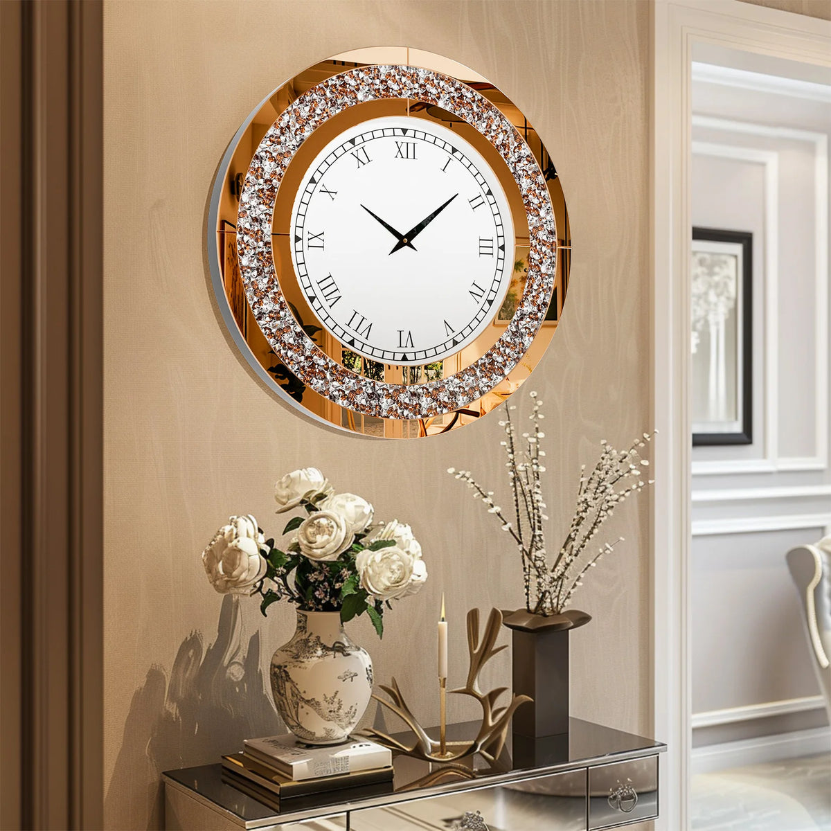 Crystal Sparkle Mirrored Wall Clock With Twinkle Diamond Accents